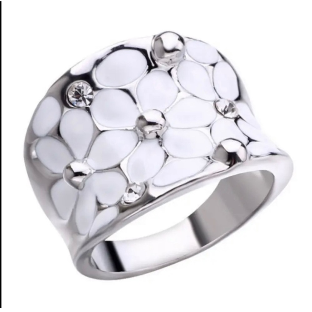 White Enamel CZ Flowers Wide Silver Band Ring